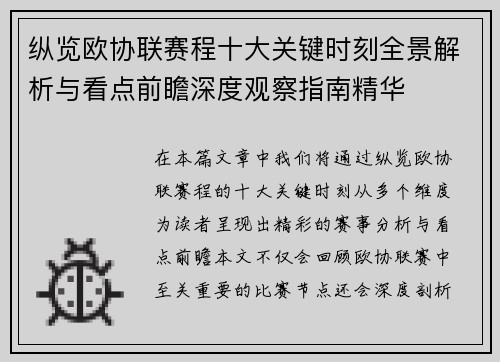 纵览欧协联赛程十大关键时刻全景解析与看点前瞻深度观察指南精华