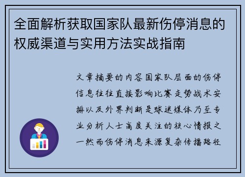 全面解析获取国家队最新伤停消息的权威渠道与实用方法实战指南 全面解析获取国家队最新伤停消息的权威渠道与实用方法实战指南